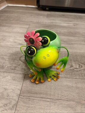 Green Frog Planter with Pink Flower Accent